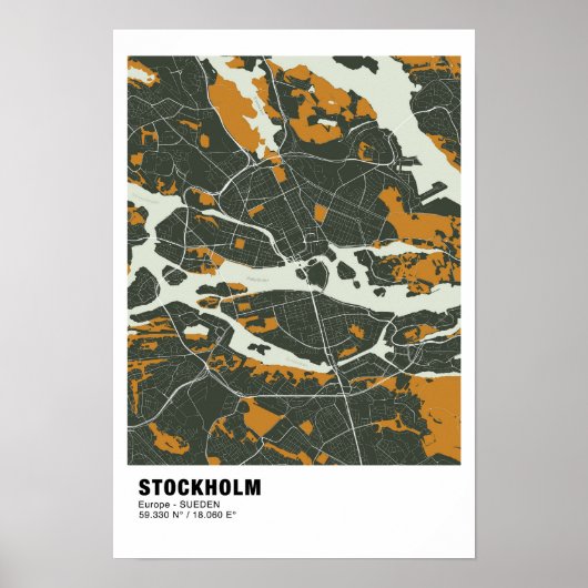Poster de la carte de Stockholm - Suède Carte vert (Devant)