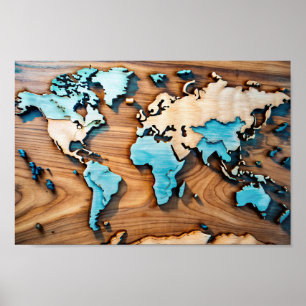 Poster de la carte du monde en bois de l'art du mu