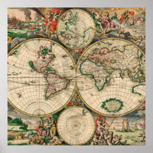 Poster de la carte du monde vintage 1689