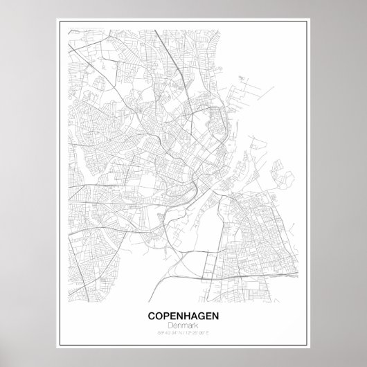 Poster de la carte minimaliste de Copenhague, Dane (Devant)
