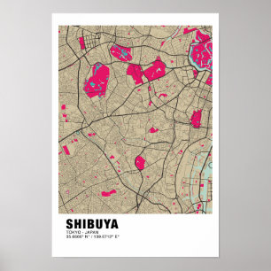 Poster de la carte Shibuya - Tokyo Carte rose élég