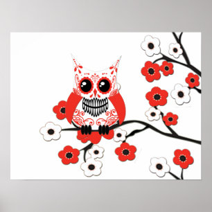 Poster de la Chouette en fleurs de cerisier blanc