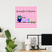 Poster de la famille des hiboux en Vichy rose (Bureau à domicile)