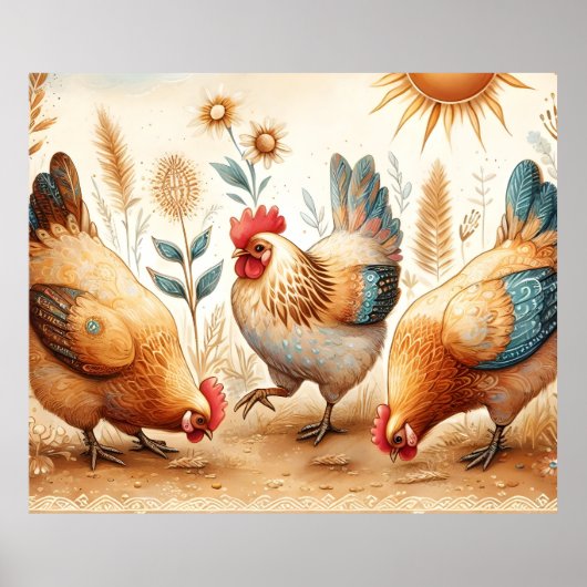 Poster de la ferme rustique Barnyard Chickens Boho (Devant)