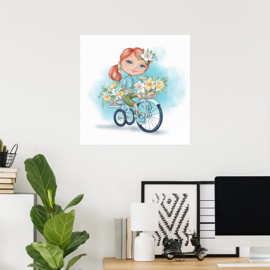 Poster de la fille à vélo avec fleurs (Bureau à domicile)