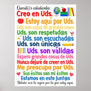 Poster de la salle de classe espagnole Chers étudi