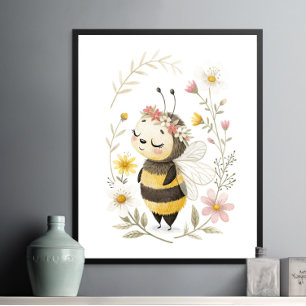 Poster de l'abeille mignonne et des fleurs