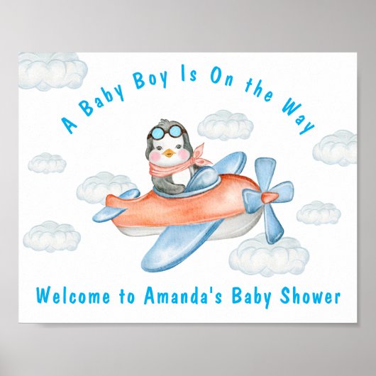 Poster de l'avion Baby shower bleu Penguin (Devant)