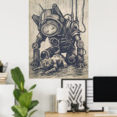 Poster de Linocut Robot Steampunk (Bureau à domicile)