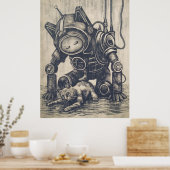 Poster de Linocut Robot Steampunk (Cuisine)