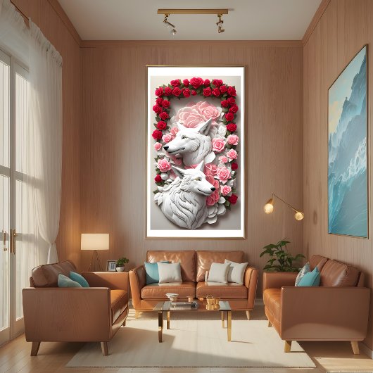 Poster de loup 3D orné de roses rouges
