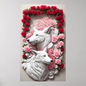 Poster de loup 3D orné de roses rouges (Devant)