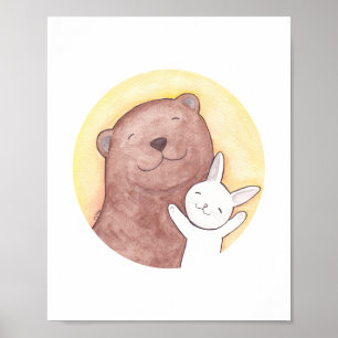 Poster de l'Ours et lapin joyeux Décor en bois
