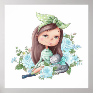 Poster de mignonne fille avec fleurs de chats gris