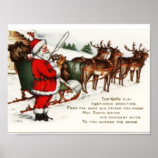 Poster de Noël Vintage — Père Noël et Reindeer (Devant)