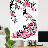 Poster de paon rouge noir et fleurs de cerisiers (Bureau à domicile)