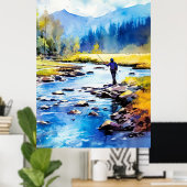 Poster de pêche à la mouche Aquarelle - Pêche Wall (Bureau à domicile)