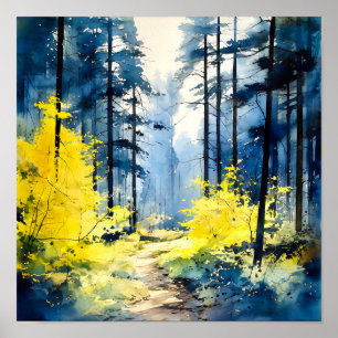 Poster de peinture de la forêt jaune bleu