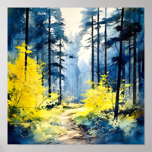 Poster de peinture de la forêt jaune bleu (Devant)