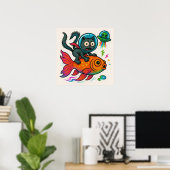 Poster de poisson de l'équitation de chat Space (Bureau à domicile)