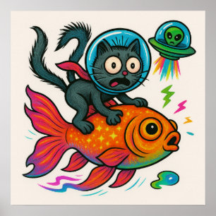 Poster de poisson de l'équitation de chat Space