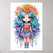 Poster de poupée mignonne avec fleurs jaunes