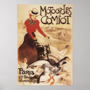 Poster de promotion Comiot Motocycles femme et oie