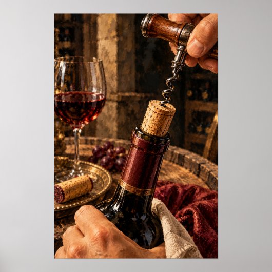 Poster Déboucher une bouteille de vin rouge – Nature mort (Devant)