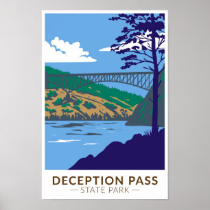Poster Deception Pass State Park Bridge Washington Retro