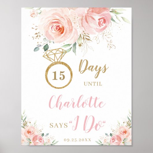Poster Décompte des Jours de Mariage Fleurs Roses en Roug (Devant)