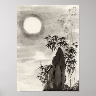 Poster Décor de la nuit japonaise sur la lune sumi-e