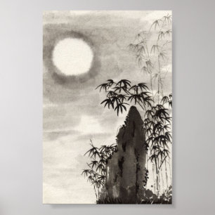 Poster Décor de la nuit japonaise sur la lune sumi-e