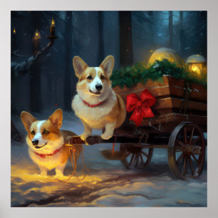 Poster Décor de Noël Corgi Snowy Sleigh