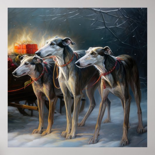 Poster Décor de Noël Greyhound Snowy Sleigh (Devant)