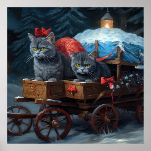 Poster Décor de Noël Oriental Blue Cat Snowy Sleigh