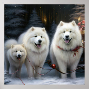 Poster Décor de Noël Samoyed Snowy Sleigh