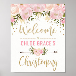 Poster Décor de signe de bienvenue de baptême floral rose