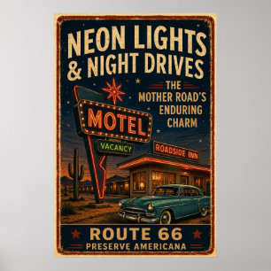 Poster Décor Route 66 Neon Motel Night Drive Americana