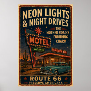 Poster Décor Route 66 Neon Motel Night Drive Americana