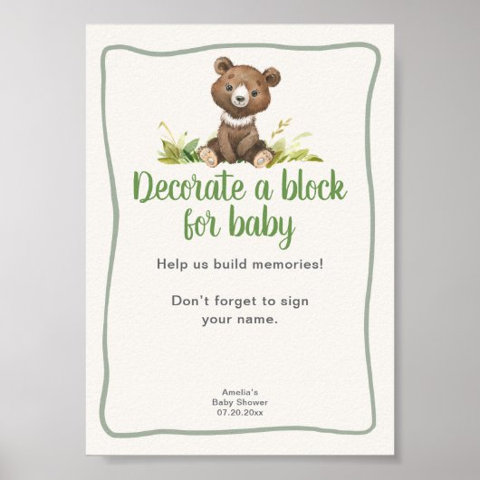 Poster Décorez un bloc Fête de bébé ourson mignon (Devant)