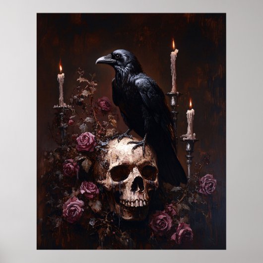 Poster Découpe de corbeau sur crâne avec bougies (Devant)