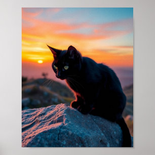Poster Découpure de chat noir au coucher du soleil sur to