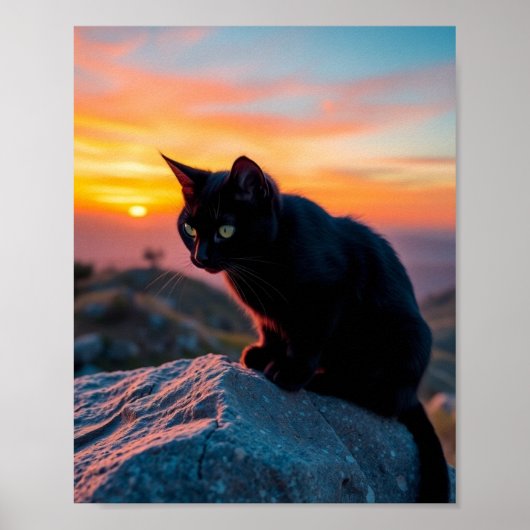Poster Découpure de chat noir au coucher du soleil sur to (Devant)