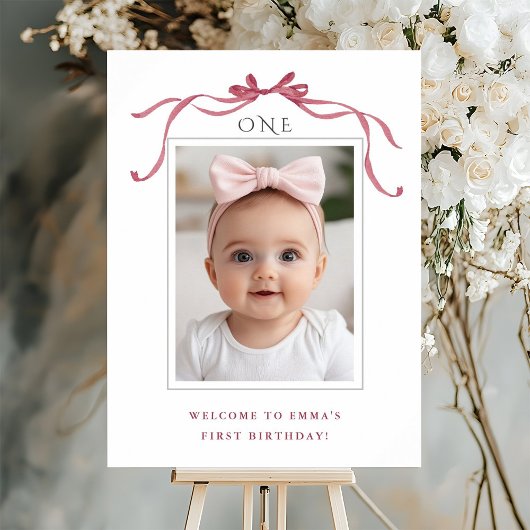 Poster Deep Blush Pink Bow Girl 1st Birthday Welcome