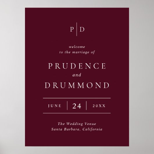 Poster Deep Burgundy Elegant Classic Wedding Sign (Devant)