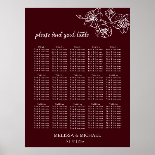 Poster Deep Burgundy White Floral | Wedding Seating Chart (Devant)