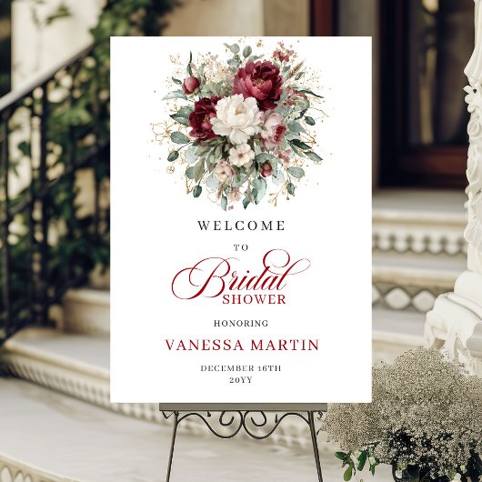 Poster Deep Red Floral Gold Bridal Shower Welcome
