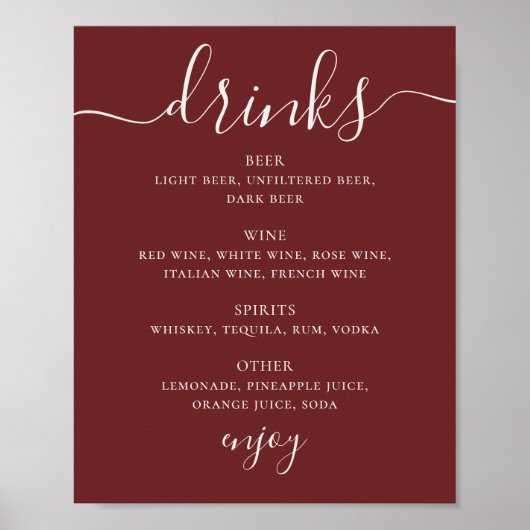 Poster Deep Wine Red Wedding Drinks Menu. Modern Bar Sign (Devant)