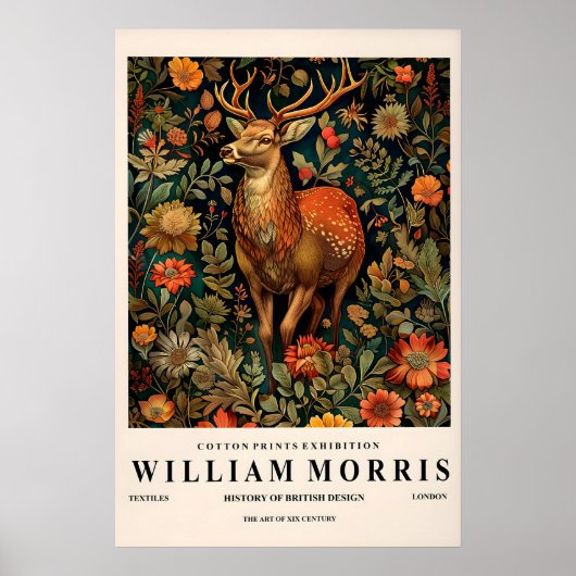 Poster Deer Art Print William Morris Style, Botanical (Devant)