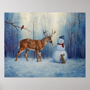 Poster Deer et Happy Snowman hiver de vacances scène